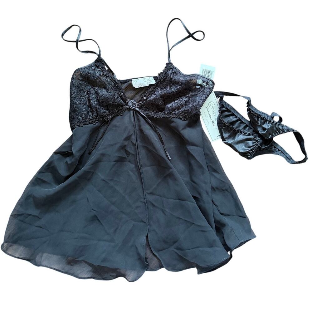 NWT Cinema Etoile Black Lace Baby Doll Slip Top & Thong Set Whimsygoth Coquette